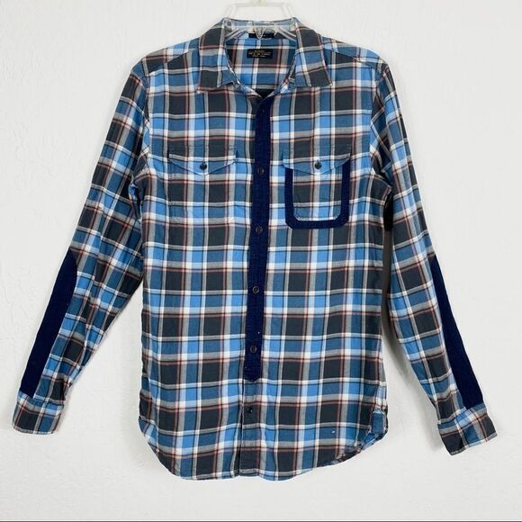 All Saints Men’s Blue Plaid w/Denim Elbow Patches Shirt - Picture 1 of 6